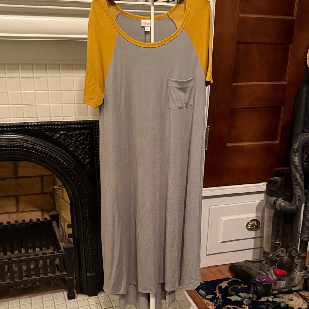 LuLaRoe Raglan style Gray Dress with Mustard Sleeves- worn once- great condition